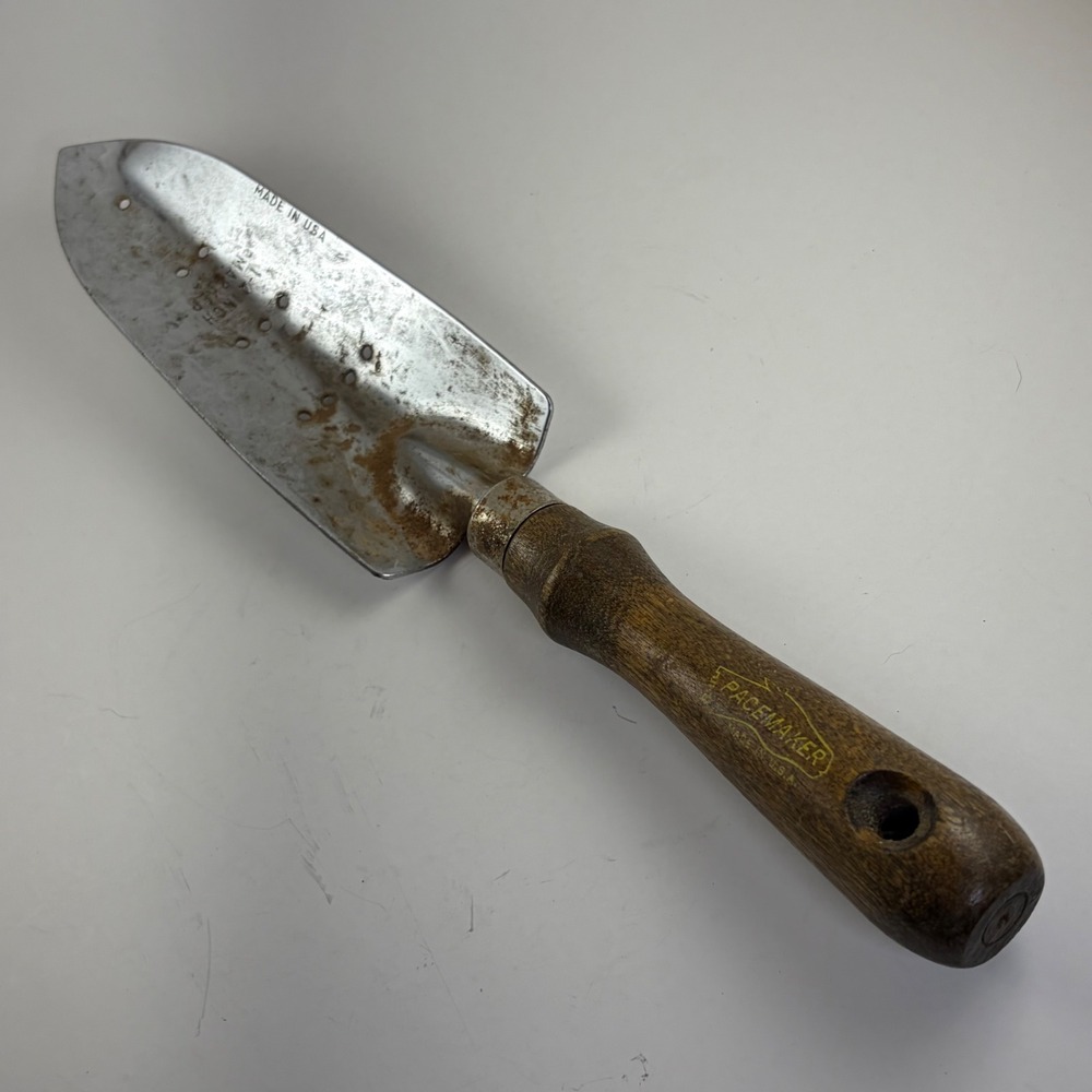 Vintage Garden Trowel Tool Silver Wood Handle Made in USA Pacemaker Brand Rustic
